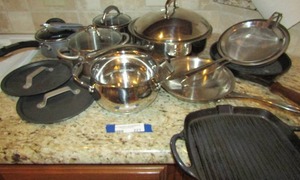 lot 221 image: Cast iron skillet griller, Various Cuisinart pots and pans with lids good condition