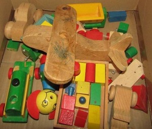 lot 238 image: Box of vintage wooden toys,