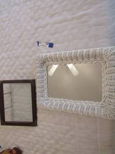 lot 30 image: Glass tray 8x8 with stand, -- 2020 white wicker framed wall mirror good condition
