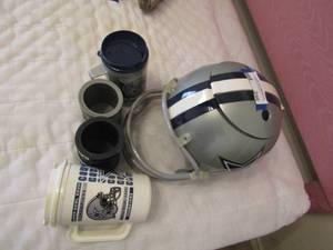 lot 246 image: Dallas cowboy lot includes, cozies, 2 handles cups with lids, 1 helmet