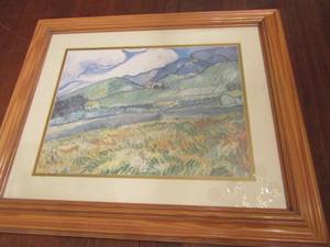 lot 149 image: 2420  wood framed photo of mountains and little house at the bottom
