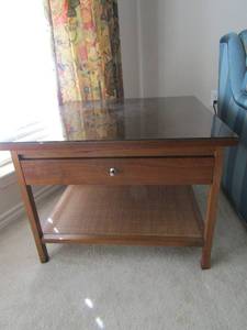 lot 75 image: Lane mid- modern side tables wooden with glass top, 162828 1 pull out drawer, very nice qty 2