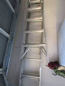 lot 359 image: 5 step alluminum Ladder, Extention alluminum ladder, pictured hanging up qty 2
