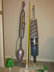 lot 339 image: Hoover vaccum small area use with bagless bucket, yellow duster, Shark floor cleaner