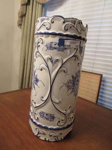 lot 342 image: RCCL Hand Painted umbrella cane holder, could also be used as a large indoor vase, white and blue in color, 199