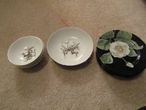 lot 143 image: Fitz and Floyd saucers black with flowers qty 6,  classic rose bowls qty 5 mini