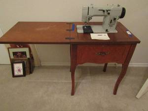 lot 2 image: PFAFF # 18 sewing machine and table combo, part # 543210, works- 294418 with side flap open and 292218 with side closed