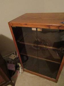 lot 337 image: 352416 clear glass front door radio cabinet, 3 inside shelving area, neat piece for your teen