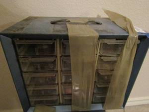 lot 282 image: Tool bin caddy 15 drawers, Reeds, resin, key pads, mouth piece, screws