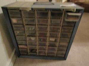 lot 279 image: 45 drawer case contains, reeds, bridges, resin, cork, grease, valves