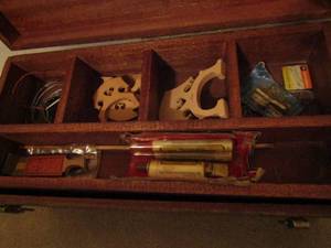 lot 281 image: Wood tool box, music instruments parts, bridges, wire, glue, bans, keys and more