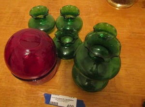 lot 409 image: 3 GREEN GLASS FLUTED SHORT VASES & RED COVERED VOTIVE