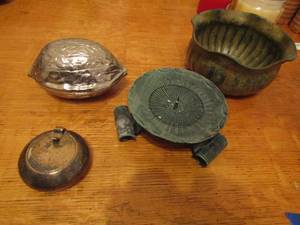 lot 411 image: silver platted Walnut  crusher, brass bowl,silver platted trinket , green large candle holder