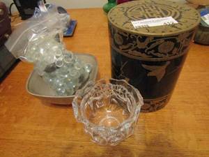 lot 412 image: Bomba container full of dcor beads jims, bowl, bag of Marbles Stones