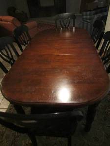lot 3 image: Dining Table with 6 chairs, Dark brown with 1 drop leaf in table-  chair size 401818, - Table size 4278 with leaf,   WO LEAF  42 X60   Leaf size alone is 18