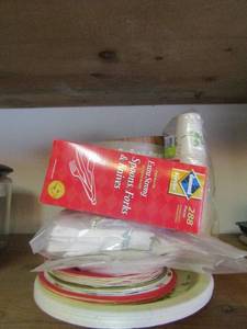 lot 430 image: Punch bowl, fruit and salad bowls, paper plates, napkins and disposable plastic ware