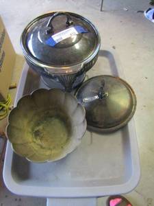 lot 432 image: Brass bowl, Silver covered casserole dish on stand, extra silver lid�.. Not silver platted