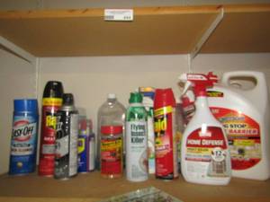 lot 444 image: Lot of cleaning items, bug sprays and more, all used but still good amounts left