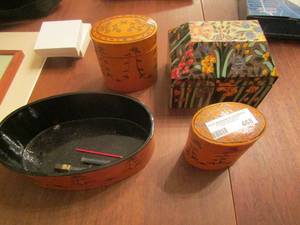 lot 468 image: set of 3 orange dcor storage boxes, I floral wagon
