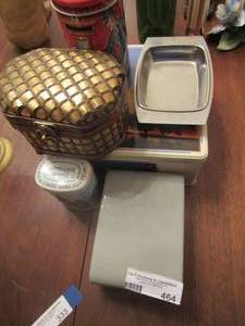 lot 464 image: Various tin cans 1 is full of markers and pens, basket and more