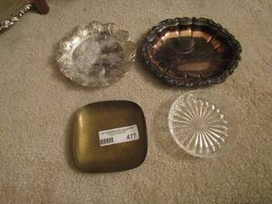 lot 477 image: countess internstional silver company inspected 15 small silver platter, silver platted dcor platter, clear glass bowl, gold metal dish