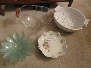 lot 475 image: glass lot includes classic rose dcor bowl with 3 legs, white glass wicker design bowl with 2 handles, clear glass bowl with floral dcor, 2 olive green bowls