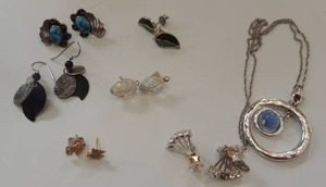 lot 126 image: one silver necklace with blue stone plus 6 pair of earrings from turquoise to zirconium studs and cuffs