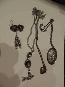 lot 200 image: 2 silver earring sets, 1 locket 1butterfly necklace gold stone necklace