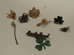 lot 188 image: 8 pins, vintage girl scout, angel shamrock etc.