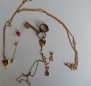 lot 228 image: senior 81- class key, stick pin, wood ring, pair earrings, apple drop, 2 other 81 necklaces and a 77 gold chain