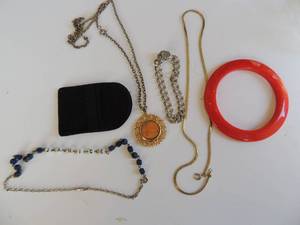 lot 216 image: 1 Janice necklace, penny necklace, silver charm bracelet, chain a d red acrylic bangle bracelet