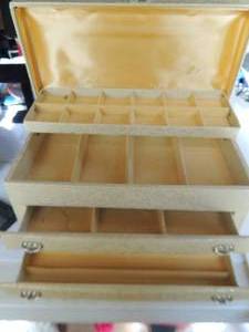 lot 293 image: Pale yellow brocade jewlery box. Lined in Bright yellow sateen with organizer space in top and both drawers. 2nd drawer has small stain.