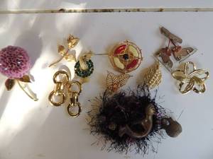 lot 51 image: Broach and lapel pins ( flowers, skates, leaf, rose, and more total eleven
