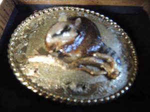 lot 109 image: Raintree Belt Buckle Raccoon in box (Vintage) 1978 3D brass
