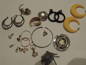 lot 242 image: lots of stud earrings, scarf clip vintage yellow hoops, 4 matching pairs of earrings, a key chain and more