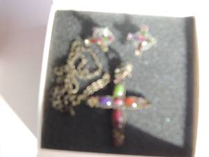 lot 61 image: Lia Sophia collections-Rhinestone necklace with matching earrings and Stone cross with matching earrings