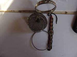 lot 18 image: Silver bracelet with rhinestones, trinket box, and bob Marley woven bracelet