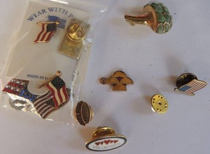 lot 316 image: many patriotic pins, I volunteer, I Dillard pin, and 1 mushroom pen