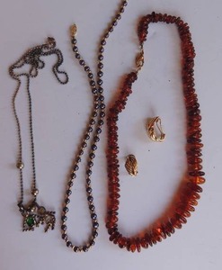 lot 317 image: 2 birthstone kids necklace, bed necklace, brown bead necklace, gold clip earrings,