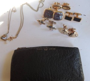 lot 315 image: purple stone necklace and vintage carved jade and stone necklace and 4 pair of cufflinks in genuine leather zipper case