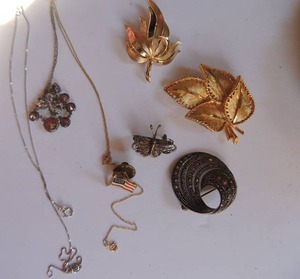 lot 319 image: pins-butterfly, cluster of leaves, flag, silver bejeweled ,fine silver chain and more