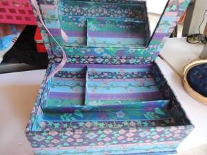 lot 304 image: blue cotton upholstered jewlery box with lift out organizer shelf