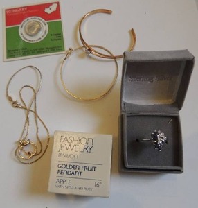lot 235 image: vintage apple necklace , Hungarian coin and an extremely beautiful sterling ring with semi precious stones, plus gold bracelets x 2,