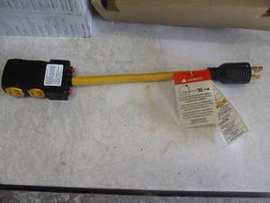 lot 25 image: NEW- Generator Power Cord, 1.6Ft length 10-gauge, Converts 30-amp locking outlet to four 20-amp household outlets