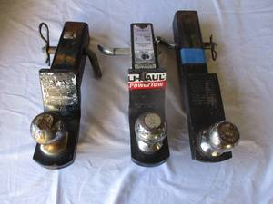 lot 47 image: 3- Trailer Hitches With Ball and Pins, 1 With 1-78 Ball and 2 With 2 Balls, Note 3 x Money