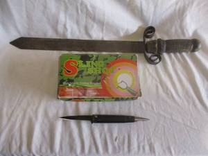 lot 97 image: LOT- NIB- High Velocity Folding Slingshot, Bullett Shape Pocket Knife With Bottle Opener And Replica 19 Hand Sword