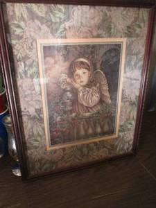 lot 138 image: Angel In GARDENS Of INNOCENCE Print By Donna Richardson, In Vintage Custom Wood Frame, About 16 18 x 13 34