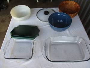 lot 128 image: LOT -Including Anchor Hocking-Tru King White Bowl, 2-Clear Baking Dishes And 1-ABC Blue Bowl With Clear Glass Lid And Basket
