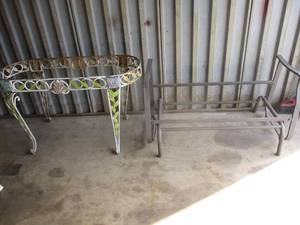 lot 145 image: LOT-Metal Garden Table-Needs New Top And Metal Garden Bench-Needs New Cushons