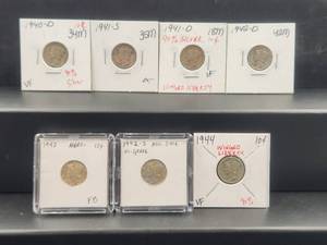 lot 187 image: Selection of Mercury Dimes - 1940D, 41S, 41D, 42D, 42, 42S, and 1944 - Silver